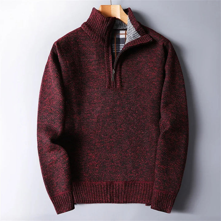 Warm men's quarter-zip sweater, a stylish turtleneck pullover for comfortable winter fashion.