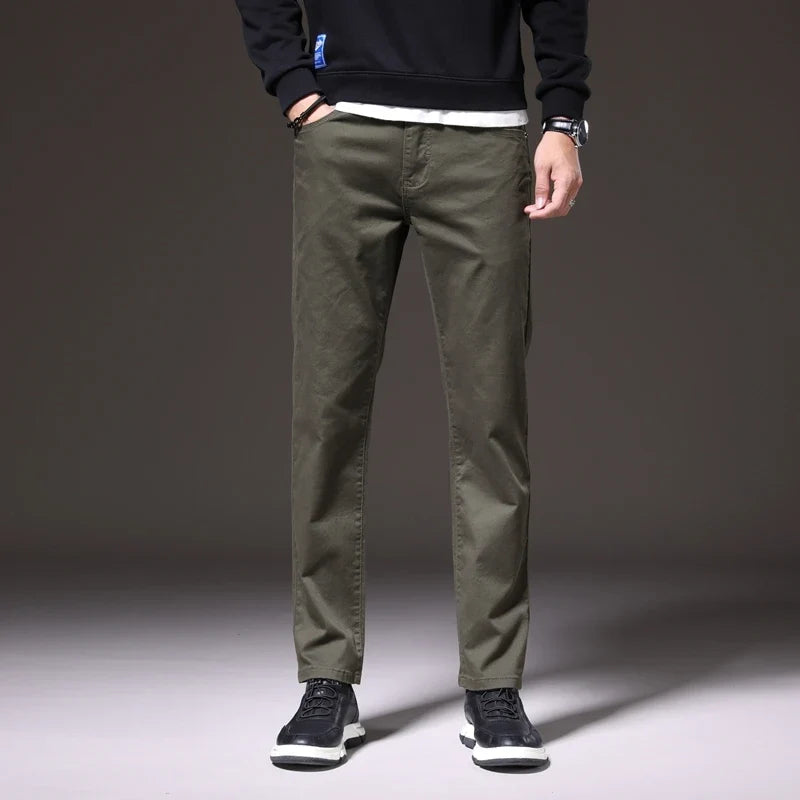 Stylish men's classic fit khaki cotton chinos. Comfortable & versatile smart-casual trousers for modern wardrobe.