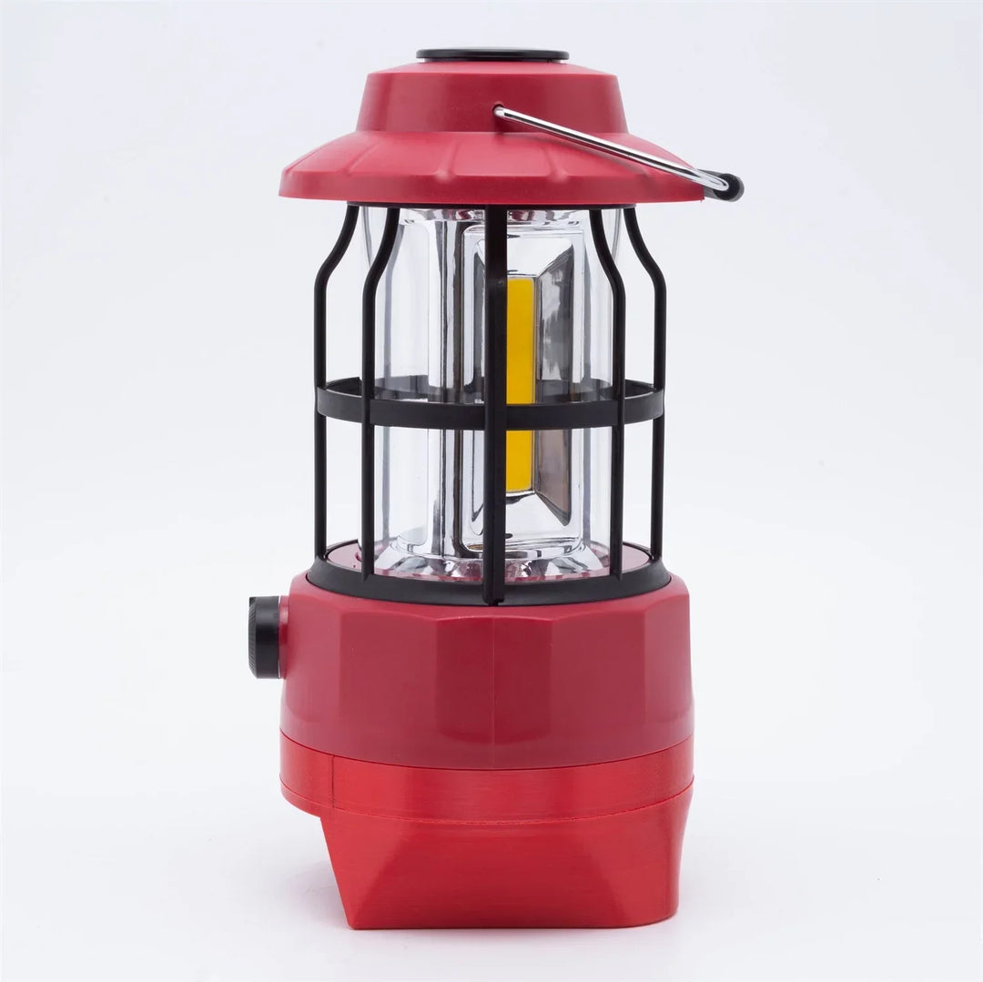 Rechargeable portable LED work light for outdoor use, camping, and emergency situations. Bright, cordless lantern.