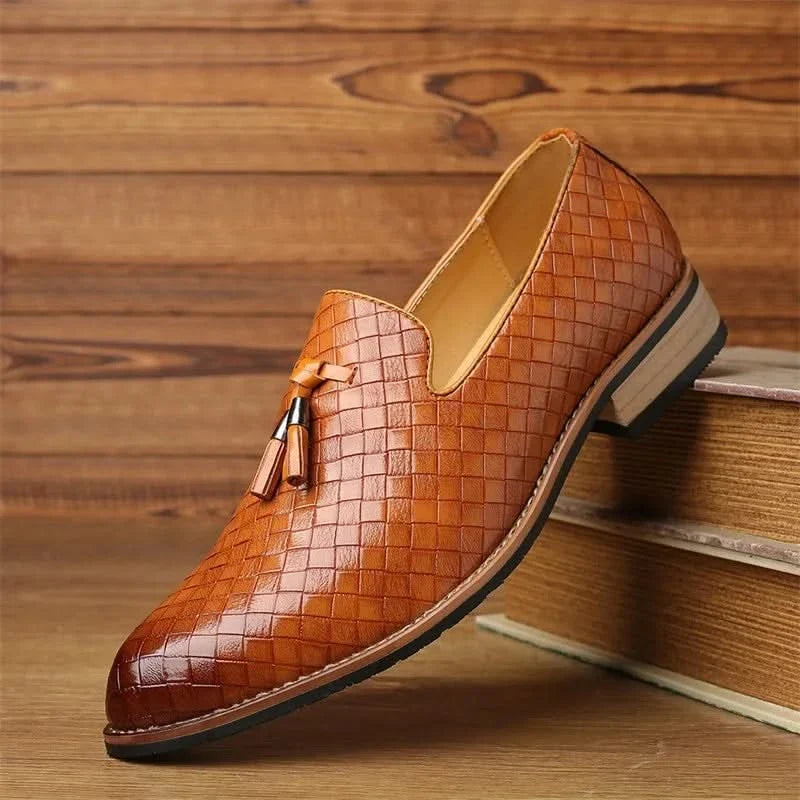 Men's formal footwear: Woven tassel dress loafers. Easy slip-on style, perfect for sophisticated men's fashion.