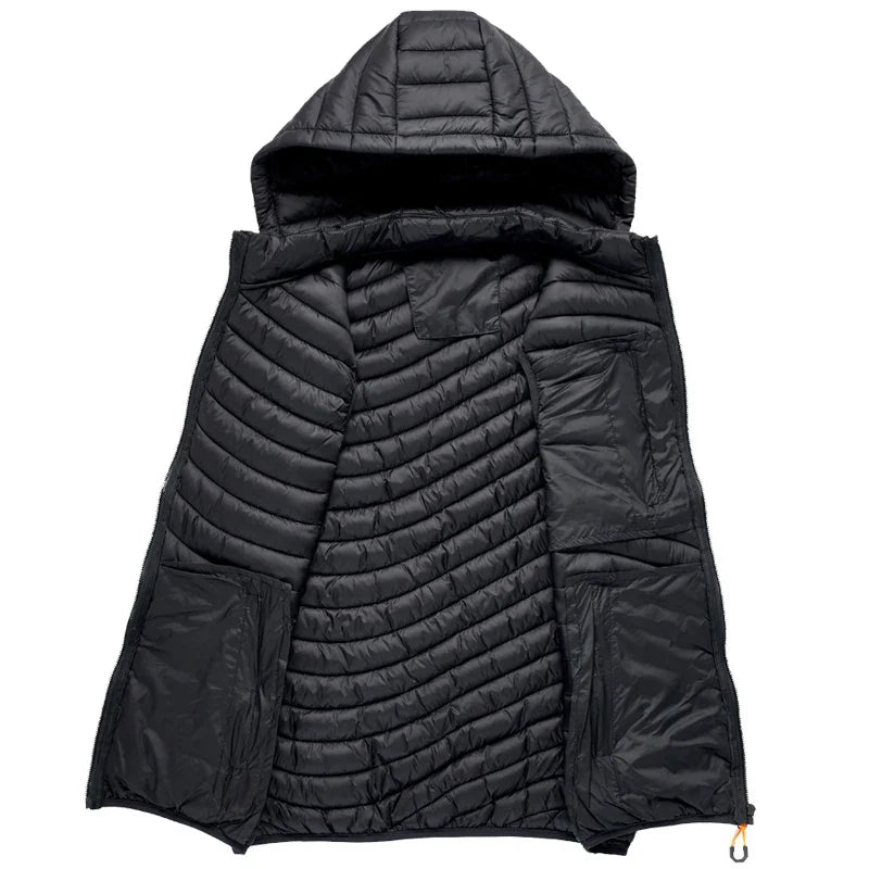 Versatile men's outdoor puffer vest, insulated for warmth, with a practical detachable hood. (Charcoal)