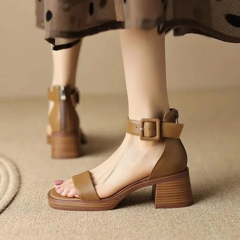 Fashionable anklestrap block heels for women. Elegant strap sandals, perfect dress heels for confident style.