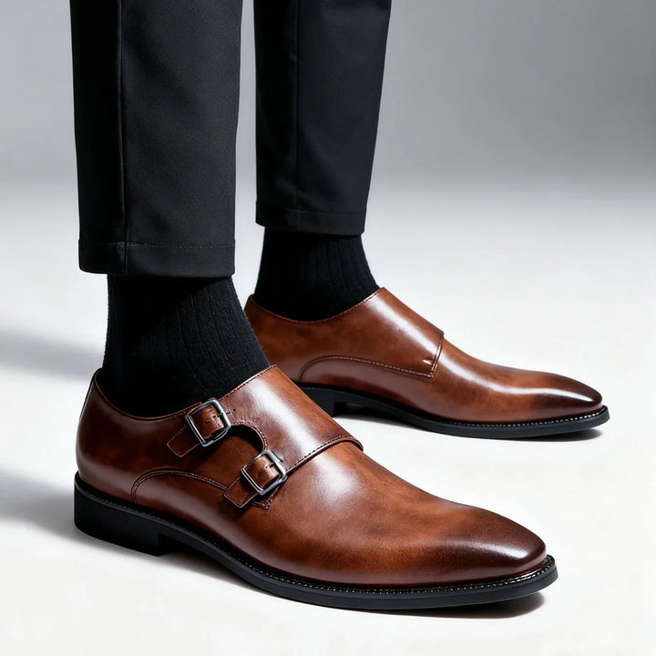 Men's Valmont double buckle loafers, classic dress shoes perfect for sophisticated business casual style.