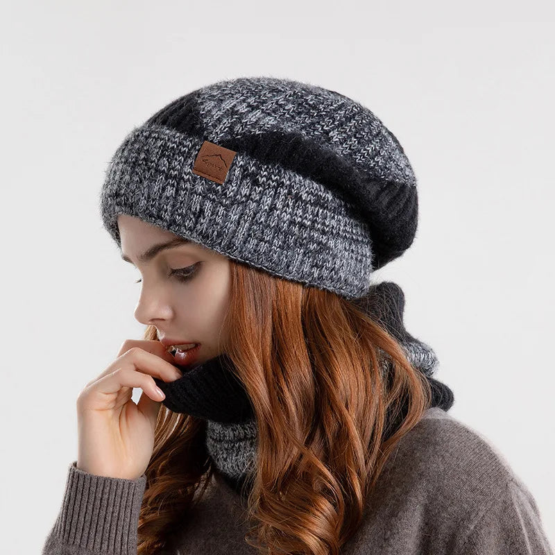 Warm acrylic neck gaiter, worn as a face cover or scarf, paired with a matching beanie for ultimate winter protection.