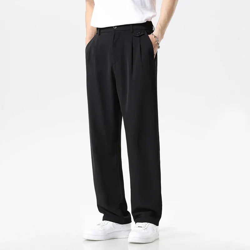 Khaki men's relaxed fit dress pants, wrinkle resistant, straight leg, comfortable for office & business casual.