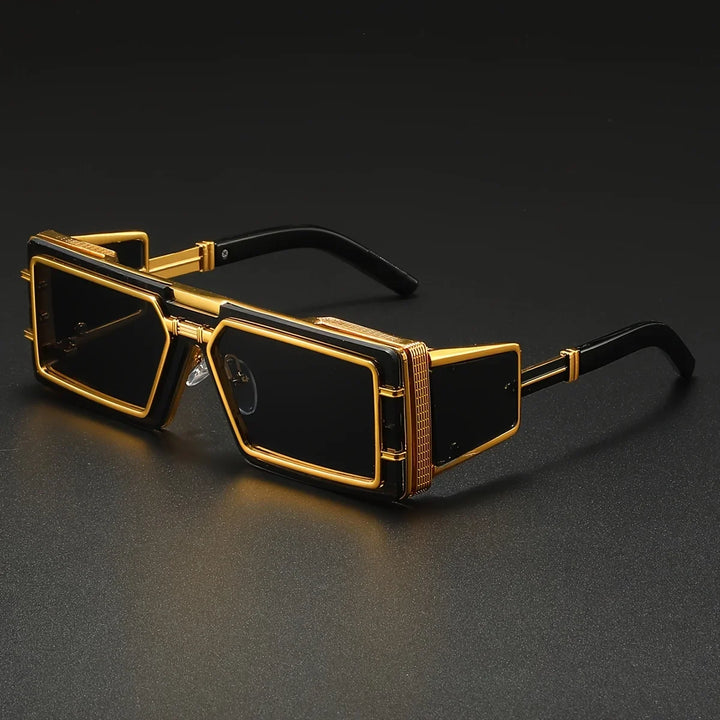 Unisex bold geometric sunglasses with UV protection, featuring stylish gold detail. Fashion eyewear for all.