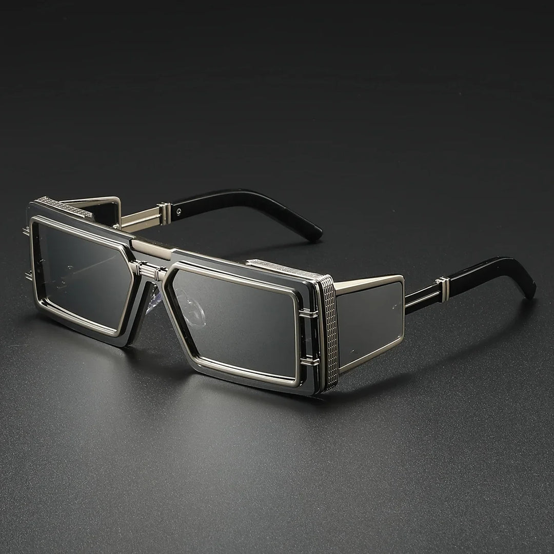 Stylish geometric sunglasses with bold frames and elegant gold detail. Unisex design for eye protection & fashion.