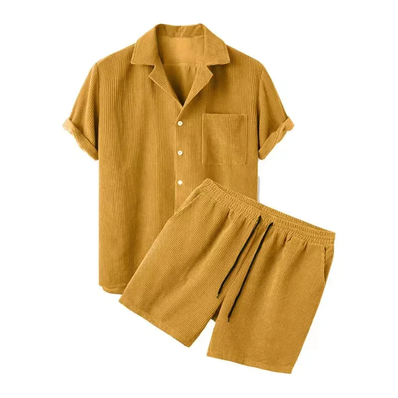 Versatile women's two-piece summer set. Includes a relaxed button-up shirt & drawstring shorts, great for any casual occasion.