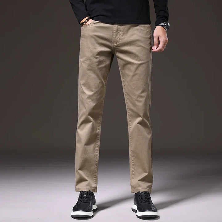 Men's comfortable khaki cotton chinos. Versatile casual smart-casual trousers for everyday wear.