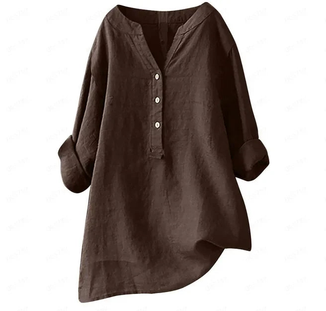 Women's v-neck button-down summer shirt, flowy and loose fit, offering comfort for casual everyday wear.