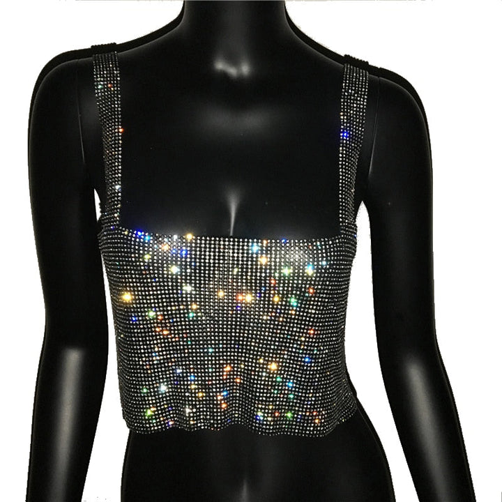 Shimmering women's bling crop top, designed for a dazzling evening look. Trendy short party wear.