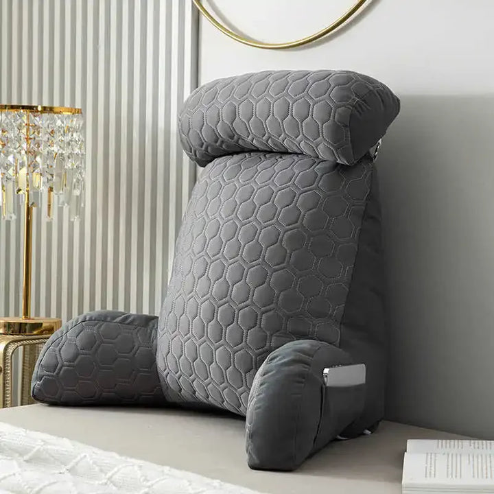 Soft backrest reading pillow, velvet, featuring ergonomic armrests and a comfortable neck support cushion.