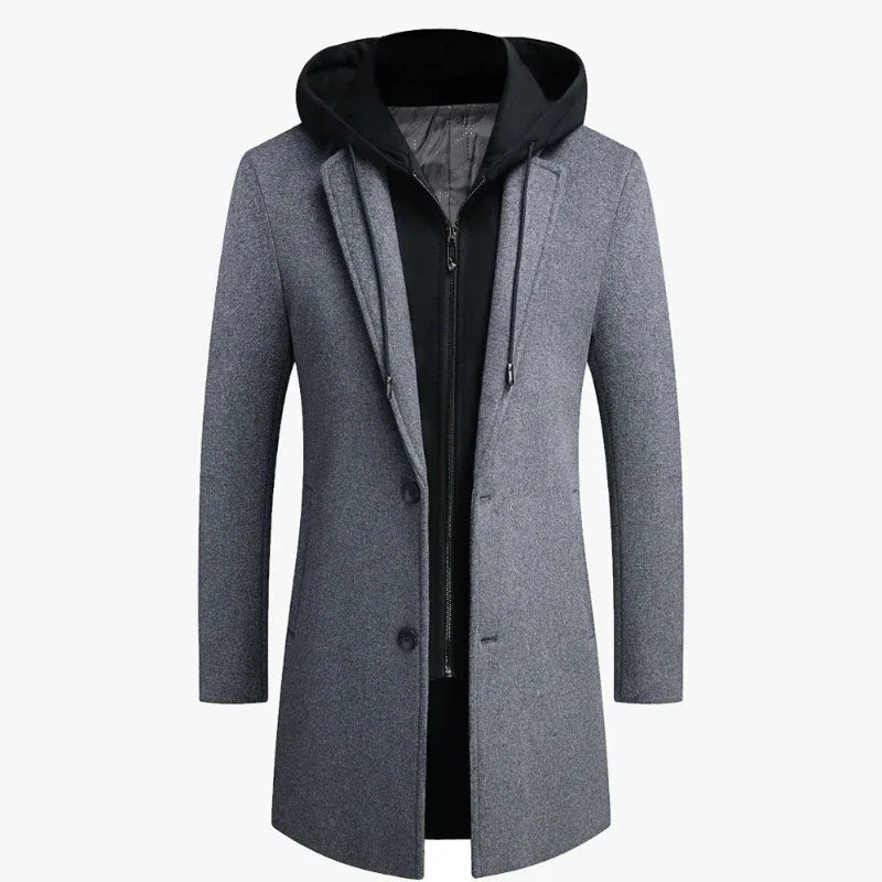 Classic men's retro trench overcoat with detachable hood, ideal for warm, stylish fall and winter fashion.
