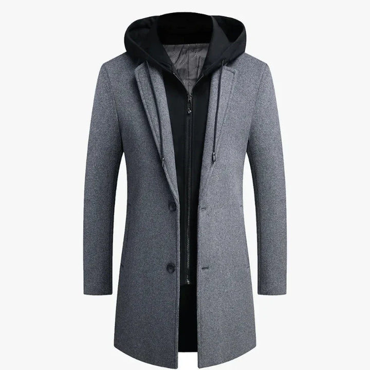 Classic men's retro trench overcoat with detachable hood, ideal for warm, stylish fall and winter fashion.