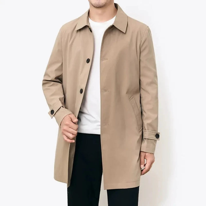 Black men's water-repellent overcoat. Smart outerwear & trench coat for formal or casual all-season wear.