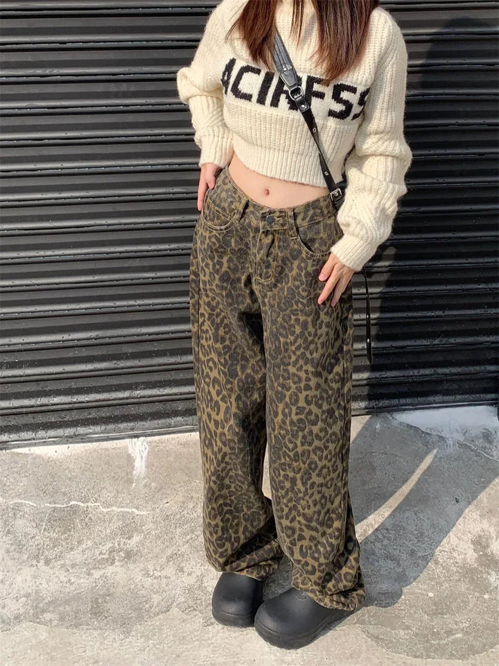Chic women's leopard print jeans, offering a flattering fit. Bold animal print design for a trendy, statement-making outfit.
