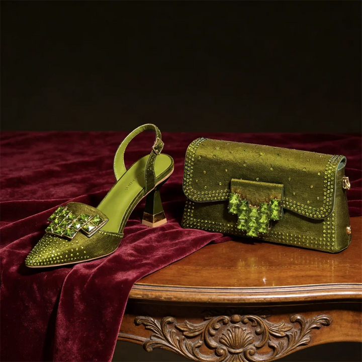Gorgeous crystal pumps with a pointed toe & elegant clutch bag, a complete formal wear accessory set.