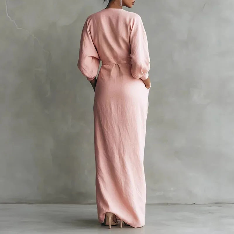 Slim-fit long sleeve V-neck wrap maxi dress for women, ideal for chic casual or party wear.