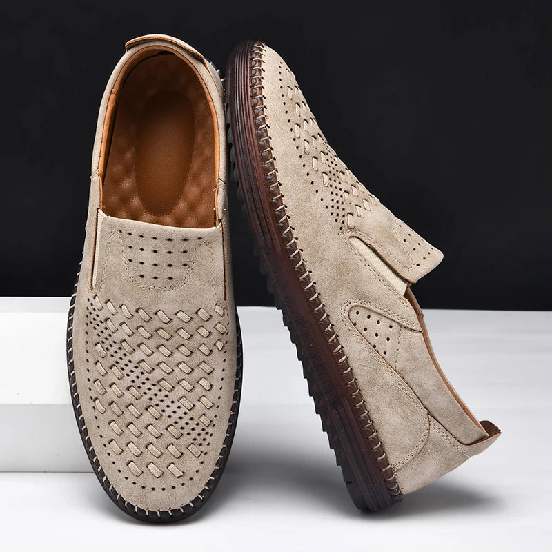 Top view of men's hand-stitched casual loafers, easy slip-on design for everyday shoes.