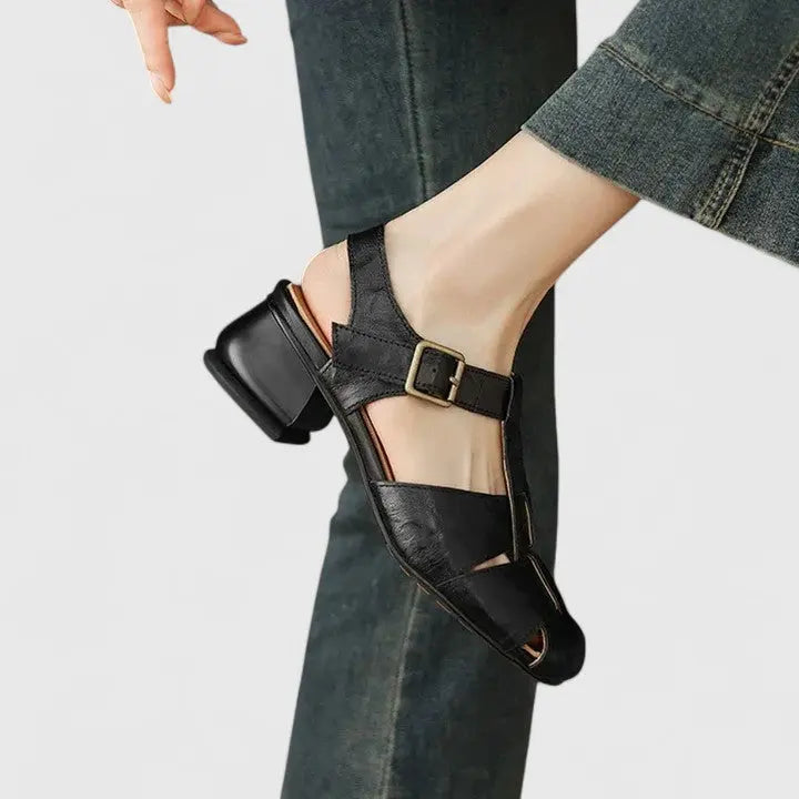 Dressy women's block heel sandals, elegant strappy style with a modern square toe. Great for special occasions.