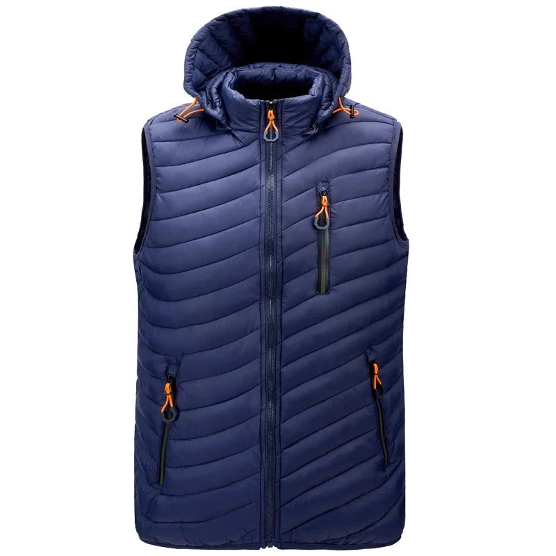 Warm men's insulated zip vest with a practical detachable hood for versatile cold weather gear. (Red)