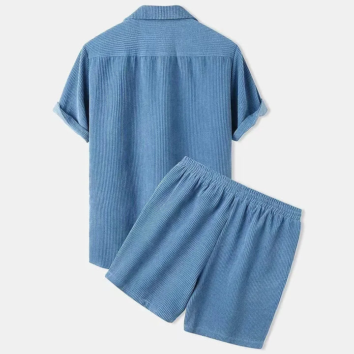 Stylish women's summer shorts set. Perfect resort wear or vacation outfit with a relaxed button-up top & drawstring shorts.