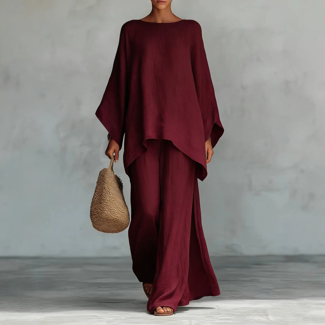Comfortable women's linen blend two-piece set featuring a relaxed fit, ideal for summer and resort fashion.