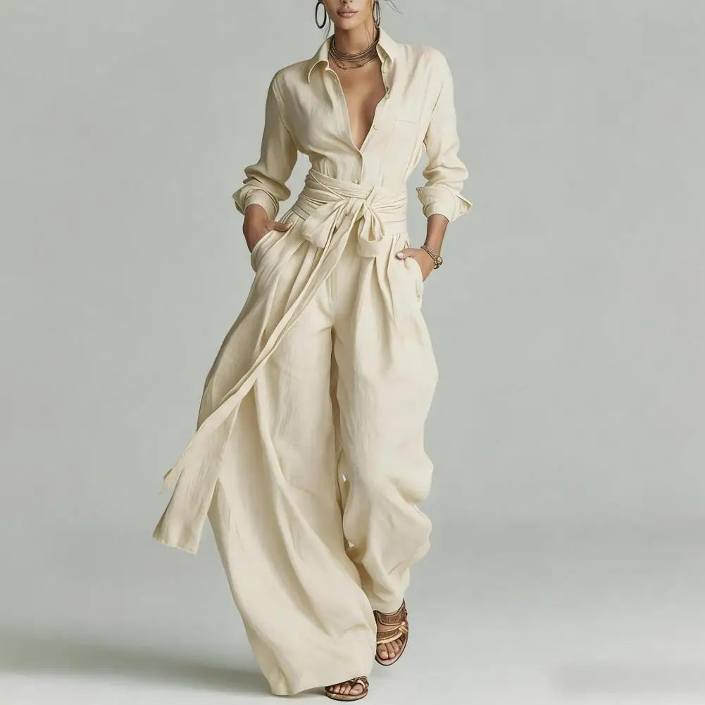 Women's effortless linen co-ord set with a button-up shirt & wide-leg pants. Perfect two-piece summer fashion.