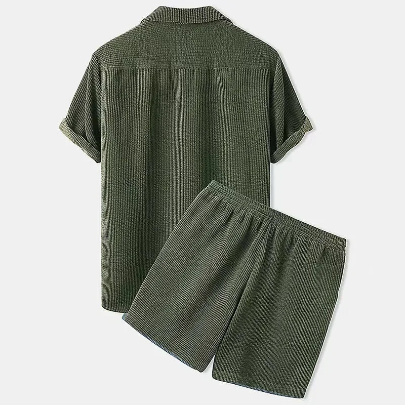 Soft & relaxed women's two-piece summer set. Comfy button-up shirt and drawstring shorts, perfect for loungewear or travel.
