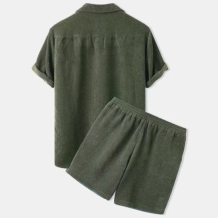 Soft & relaxed women's two-piece summer set. Comfy button-up shirt and drawstring shorts, perfect for loungewear or travel.