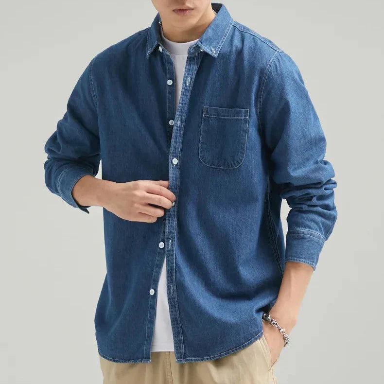 Versatile men's denim button-down shirt, perfect for casual wear, long-sleeve, classic everyday style.