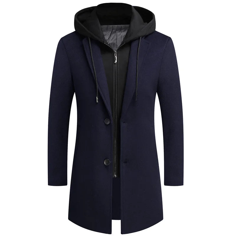 Stylish men's retro trench coat, a versatile fall jacket with optional detachable hoodie for varied looks.