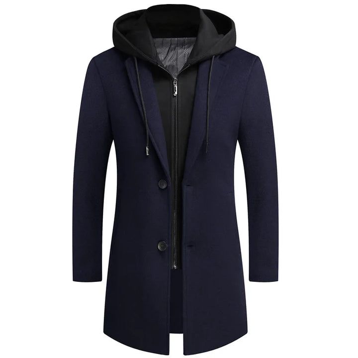 Stylish men's retro trench coat, a versatile fall jacket with optional detachable hoodie for varied looks.