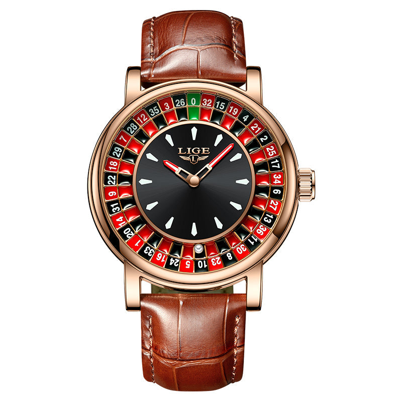 Sophisticated men's statement watch. Bold roulette dial, premium strap. A unique & modern timepiece.
