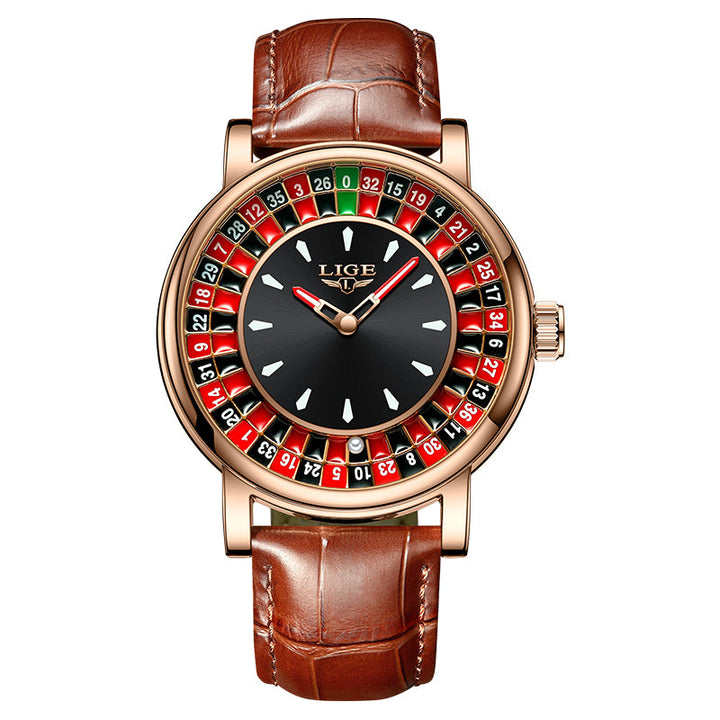 Sophisticated men's statement watch. Bold roulette dial, premium strap. A unique & modern timepiece.