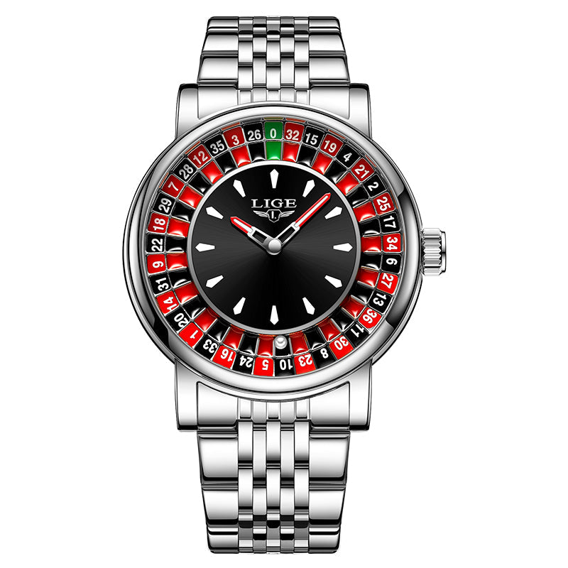 Stylish men's watch, bold roulette dial. A unique fashion statement for modern men with leather or steel straps.