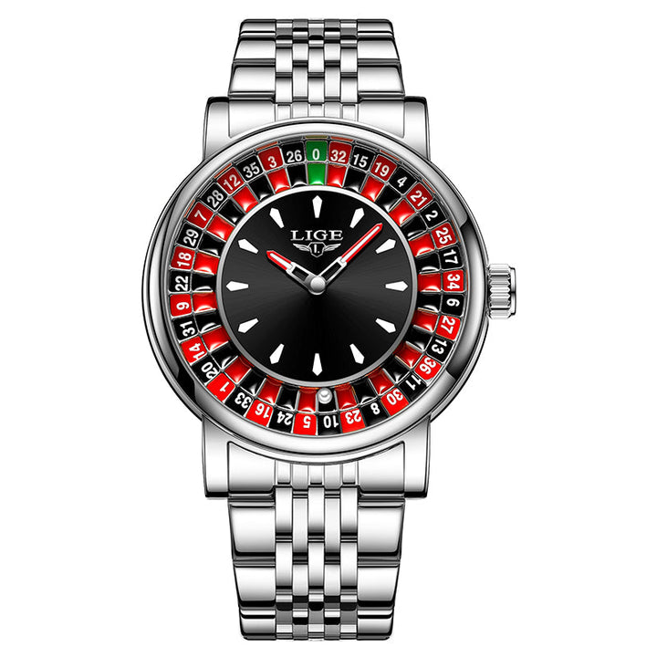 Stylish men's watch, bold roulette dial. A unique fashion statement for modern men with leather or steel straps.