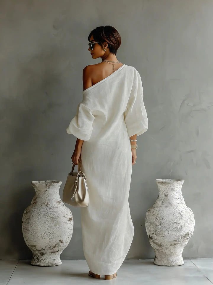 Blue women's one shoulder asymmetrical summer dress. Relaxed fit batwing sleeve offers comfort and elegant style.