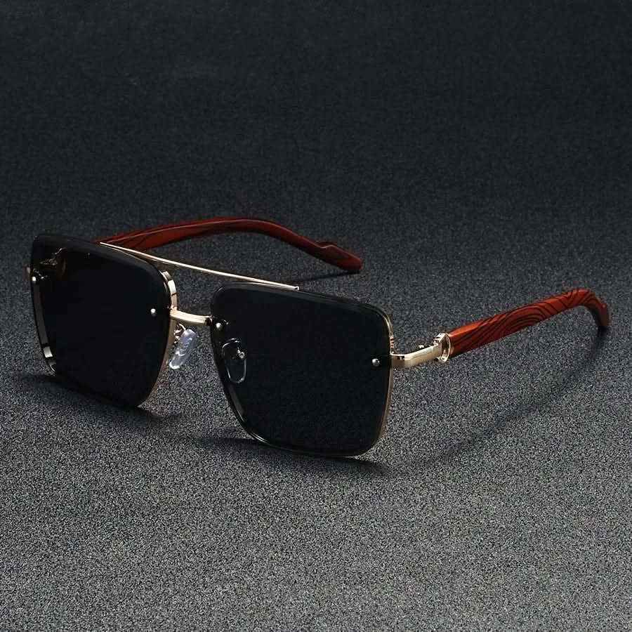 Product shot of unisex vintage square sunglasses, featuring UV protection, wooden arms, & gradient lenses.