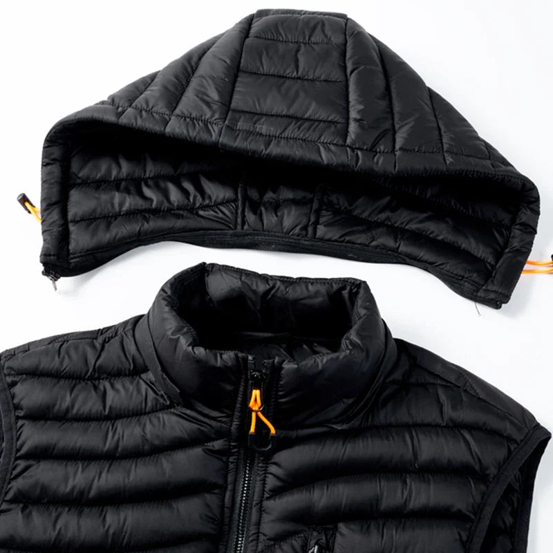 Men's cold weather sleeveless puffer vest, water-resistant and features a detachable hood. (Khaki)
