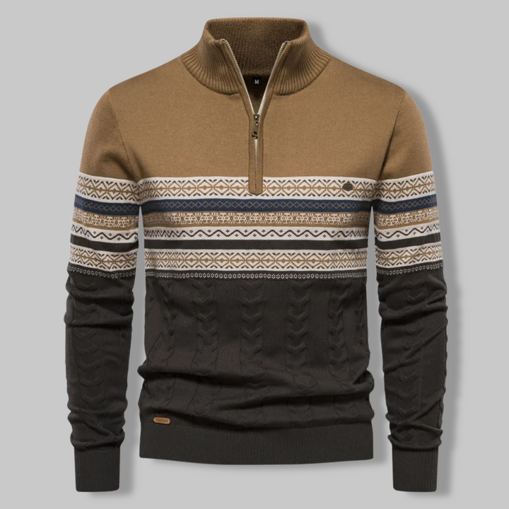Classic men's quarter zip sweater with subtle alpine pattern, ideal for cozy & stylish outfits.