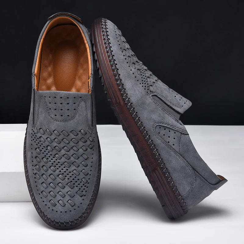 Stylish men's slip-on loafers in a relaxed casual setting, embodying comfortable men's fashion.