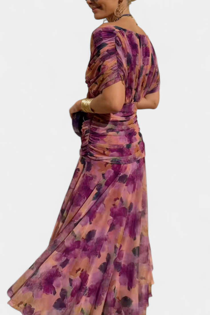 Women's stunning off-shoulder floral maxi dress, ruched sweetheart. A beautiful choice for any formal event.
