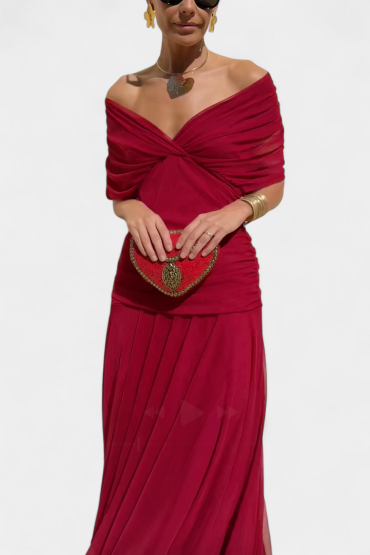Summer fashion women's off-shoulder floral maxi dress with ruched sweetheart. Perfect elegant party dress.