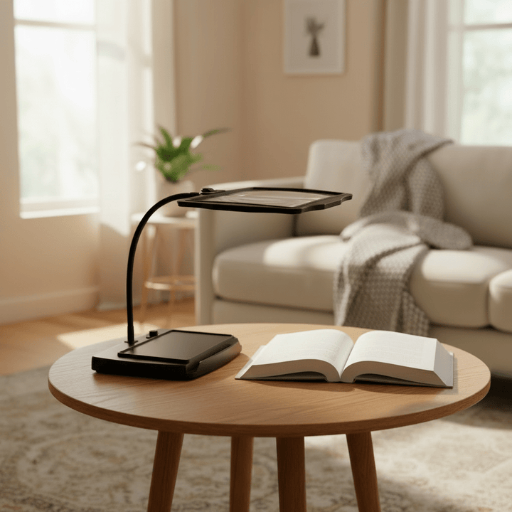 Vision aid LED magnifying table lamp for seniors, reading small print & precision tasks.