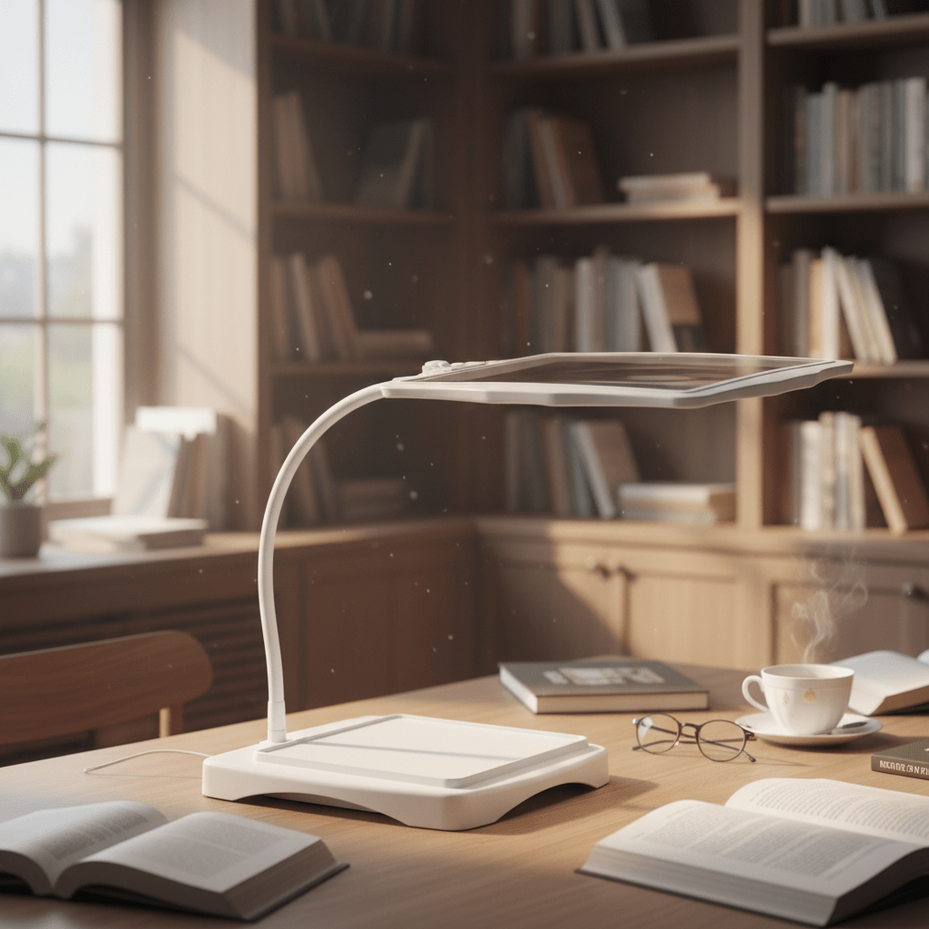 Flexible arm LED table lamp with optical magnifier for reading, hobbies & intricate detail work.