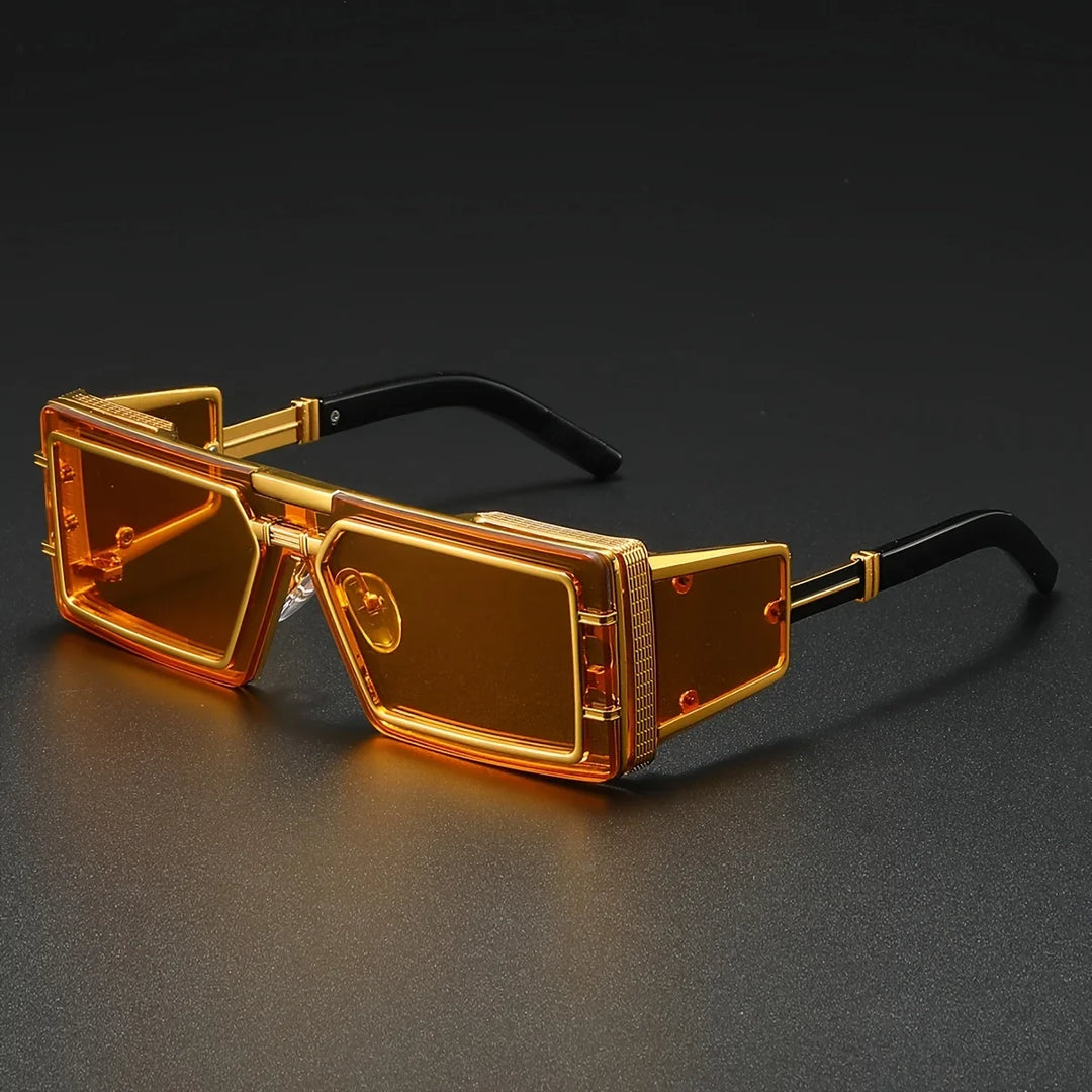 Trendy statement geometric sunglasses with bold frames, offering full UV protection. Unisex fashion eyewear.