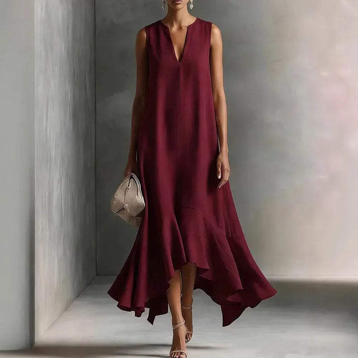 Comfortable women's flowy V-neck sundress, a stylish and chic casual dress for summer and warm weather.