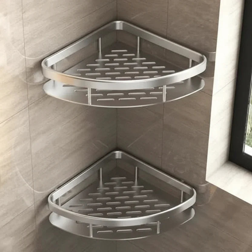 Stylish modern adhesive bathroom shelf, stainless steel, no-drill solution for sleek bathroom organization.