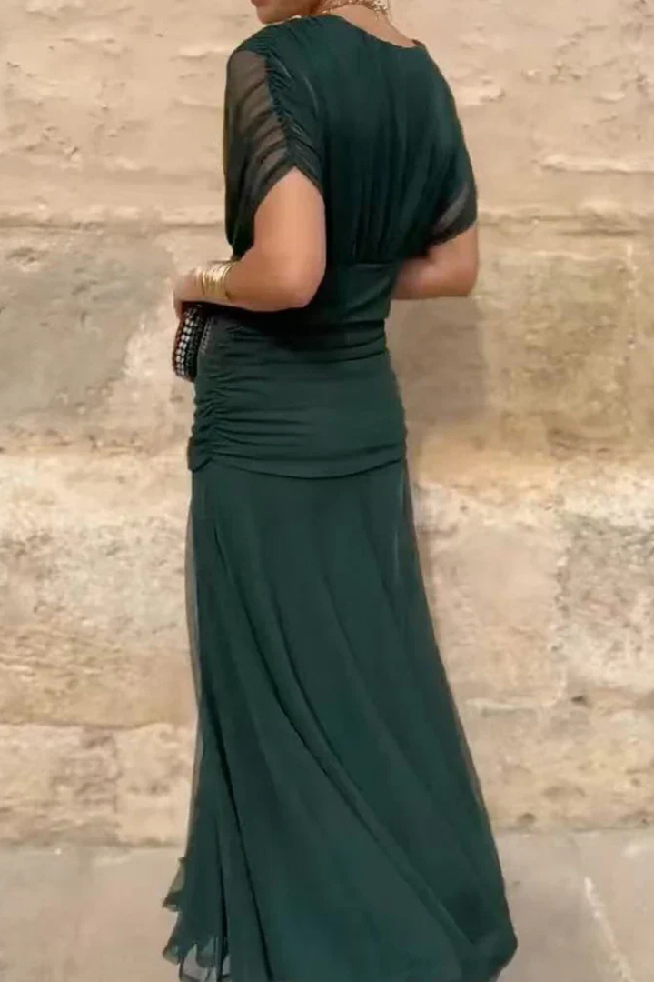 Premium women's off-shoulder ruched midi dress, featuring a stylish twist-front design.